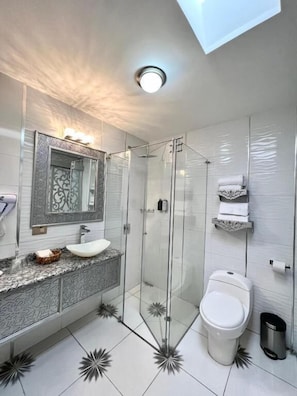 Premium Double Room | Bathroom | Rainfall showerhead, hair dryer, towels, soap