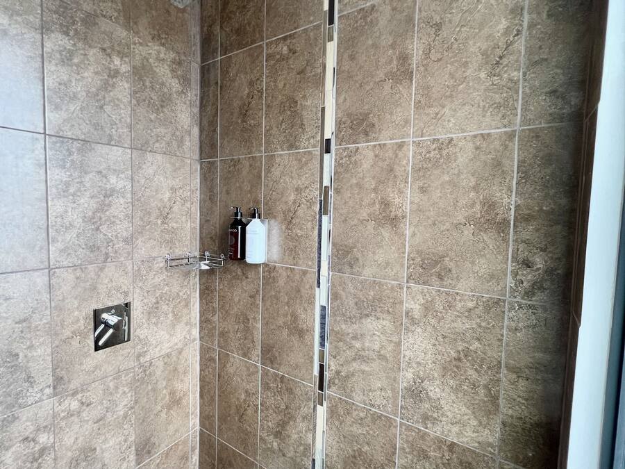 Un espacio de ducha moderno con ducha de lluvia, ducha de mano y dispensador de jabón de pared.