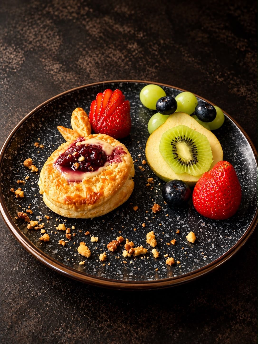 Une assiette de dessert avec une pâtisserie, des fraises, des kiwis et des raisins.