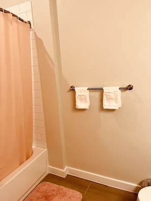 Secadora de cabello, toallas, jabón, papel de baño