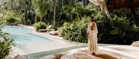 Outdoor pool, open 8:00 AM to 11:00 PM, pool umbrellas, sun loungers