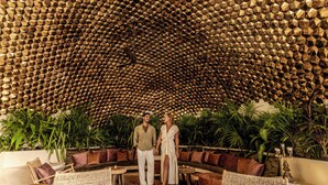 A room with a unique honeycomb ceiling, wicker furniture, and lush green plants.