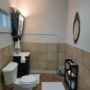 Hair dryer, towels, soap, shampoo