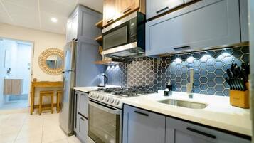 Fridge, microwave, oven, electric kettle