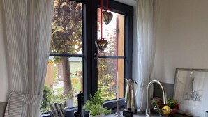 A kitchen with a stainless steel sink, a potted plant, and a window with curtains. - Vacation cottage Schorenmoos-Lodge (Dietmannsried)