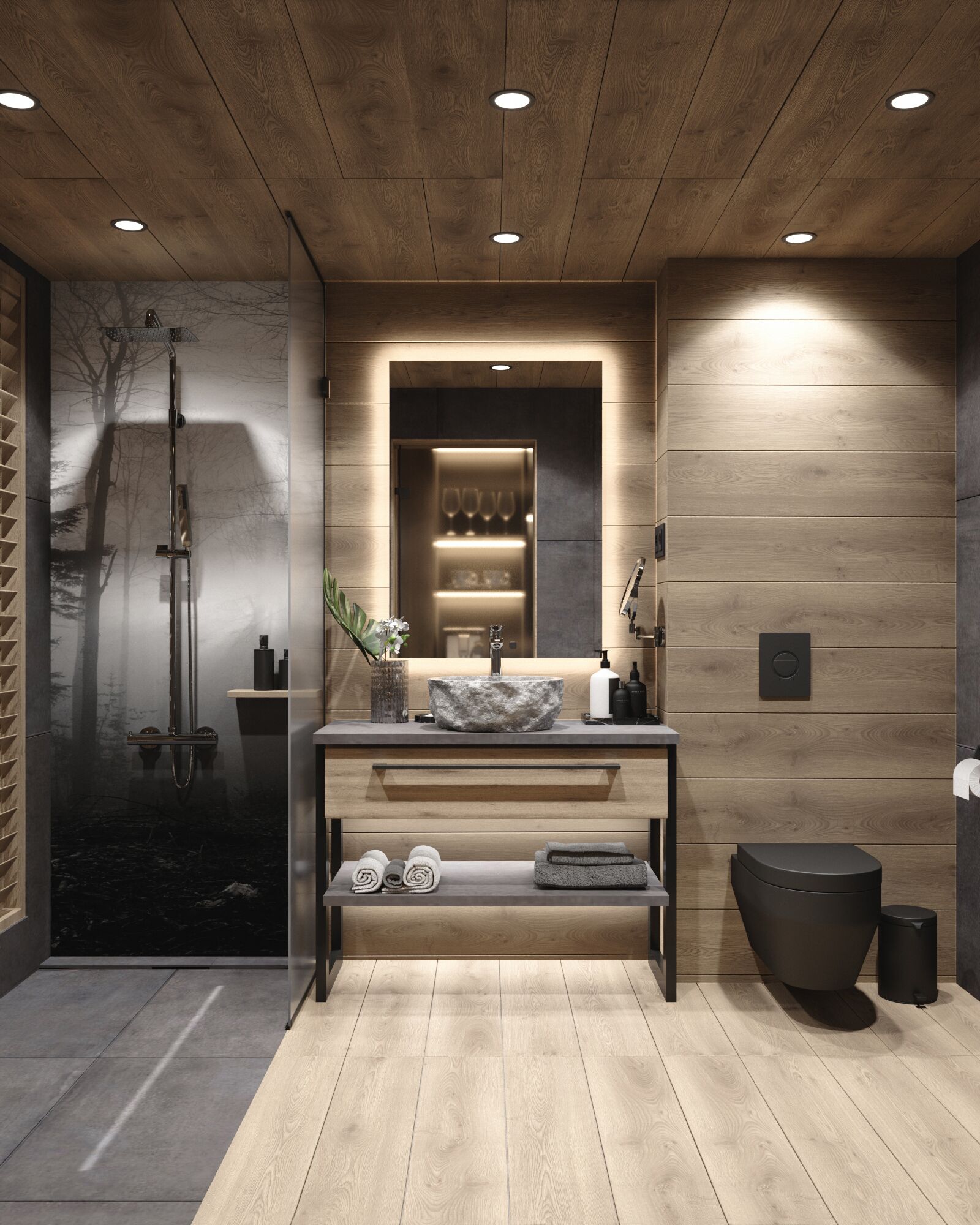 A modern bathroom with a wooden ceiling, a large mirror, a stone sink, and a shower area.