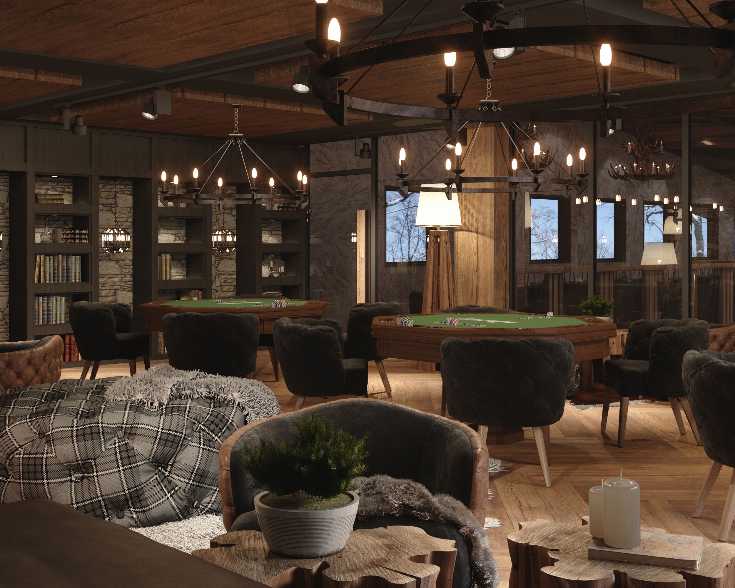 A cozy room with a pool table, comfortable seating, and a bookshelf.