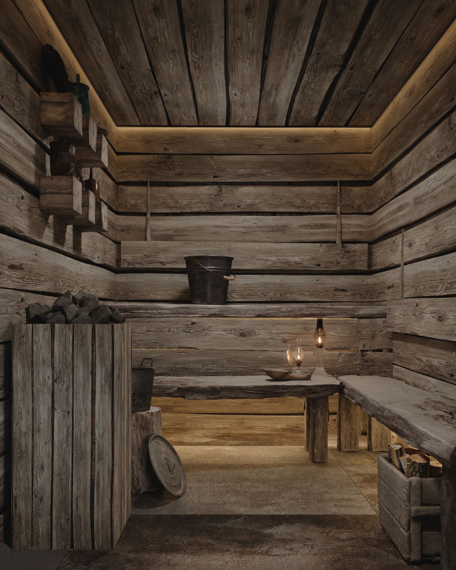 Un interior rústico de madera con un banco, una mesa y un cubo colgado.