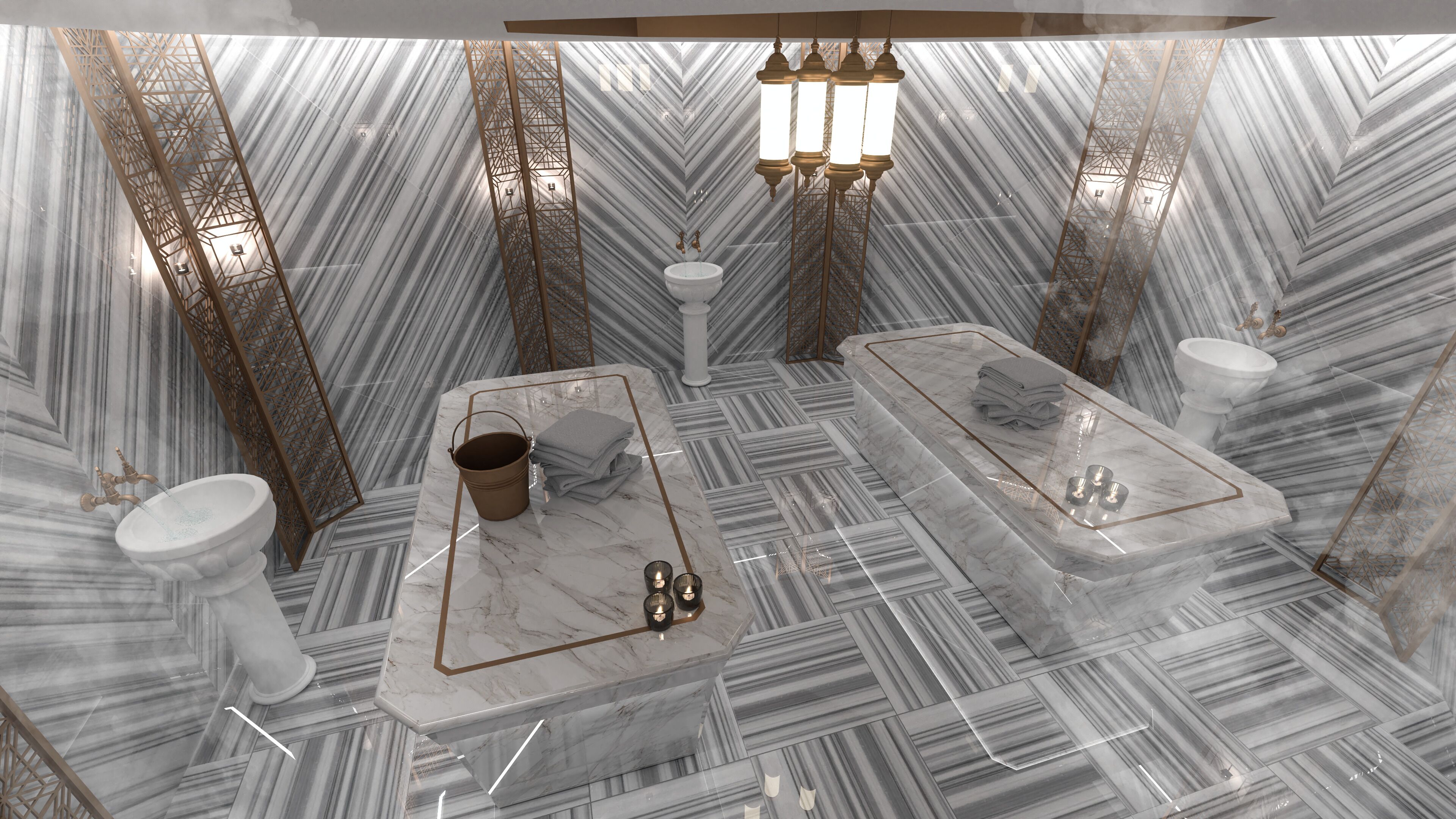 A bathroom with a marble floor, a bathtub, a sink, and a toilet.