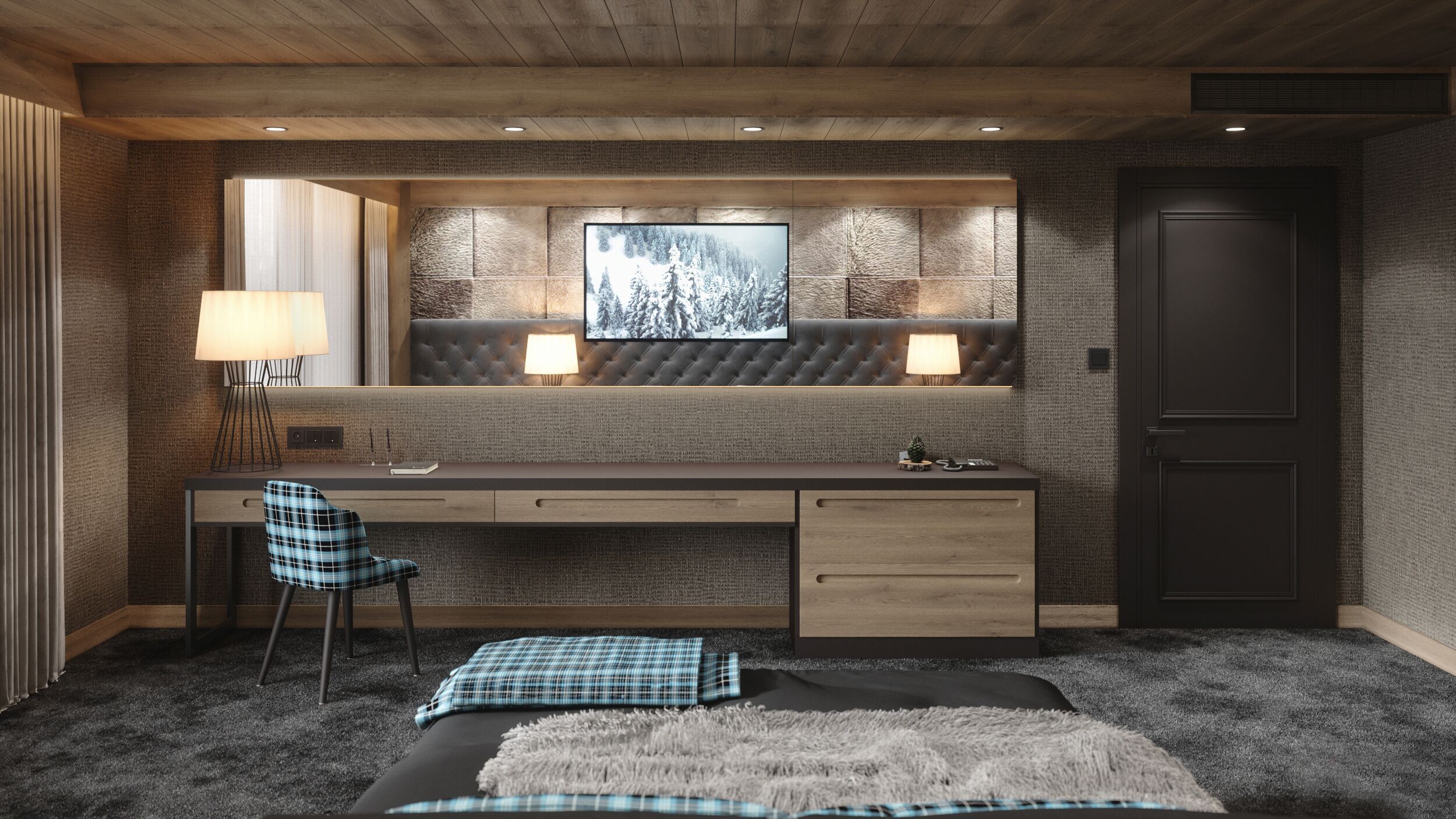 Ein modernes Schlafzimmer mit Holzboden, einem großen Bett mit einem flauschigen Teppich, einem Schreibtisch mit Stuhl und einem großen Fenster mit Blick auf eine verschneite Landschaft.