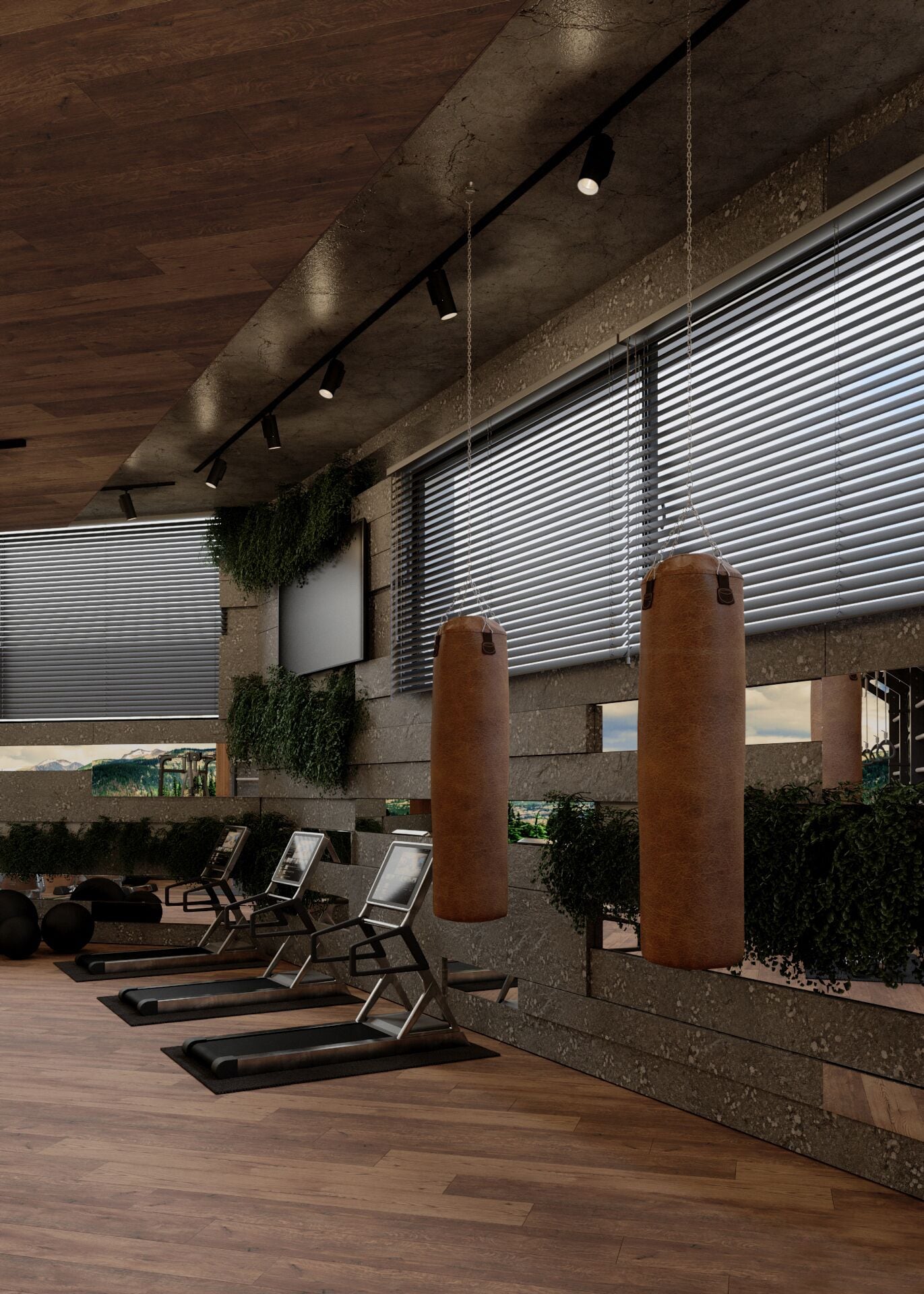 Un gimnasio con equipo de ejercicio, ventanas amplias y techo de concreto.