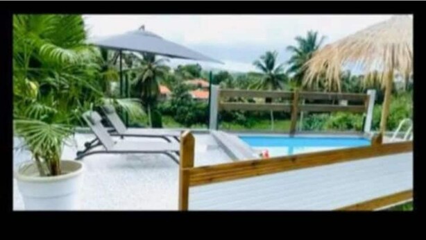 A poolside area with lounge chairs, a thatched umbrella, and tropical plants. - Les parasols de madinina - Palm tree at the bungalow (Gros-Morne)