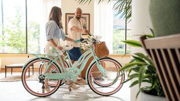 Een kamer met een groot raam, een fiets en een plant in pot.
