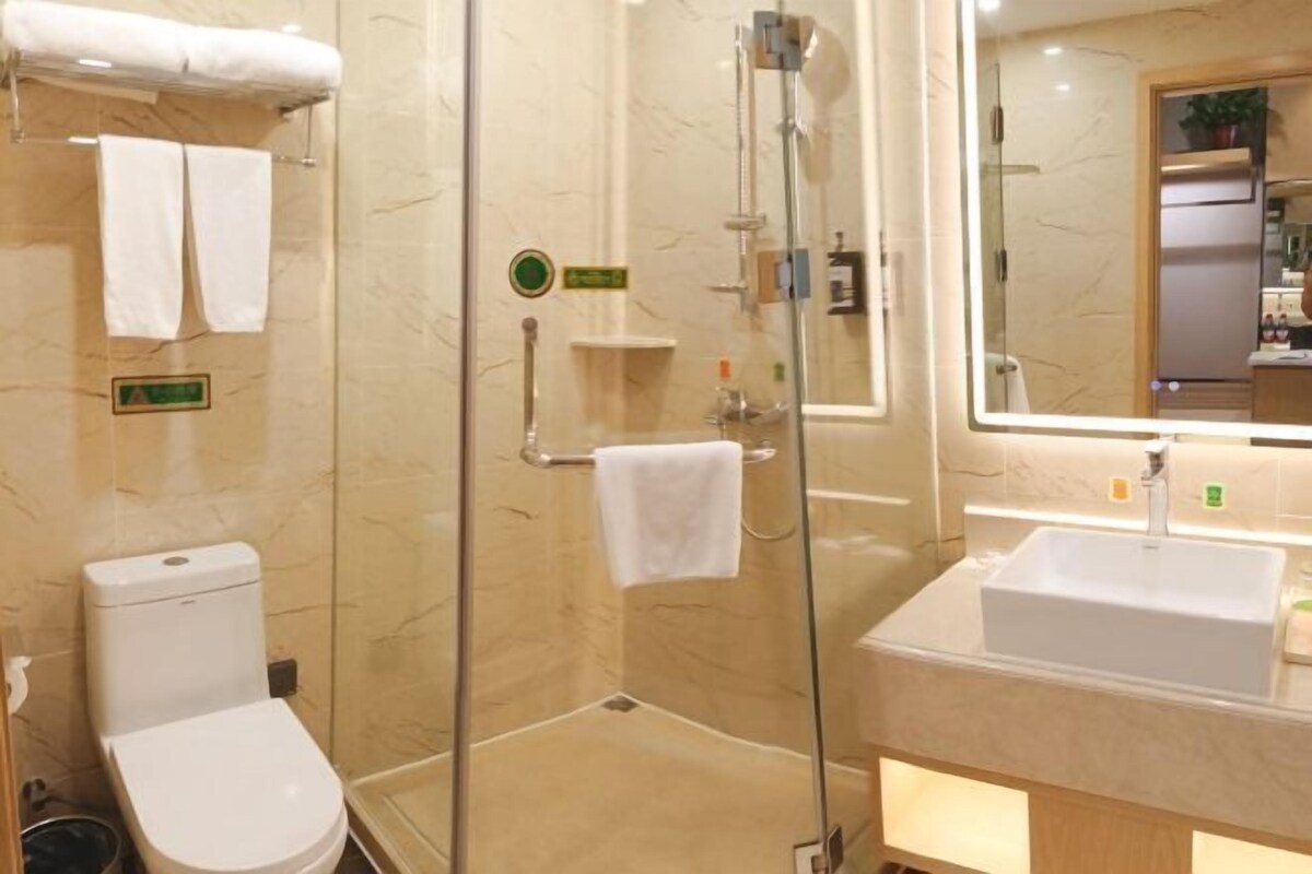 A bathroom with a toilet, a shower, a sink, and a mirror.