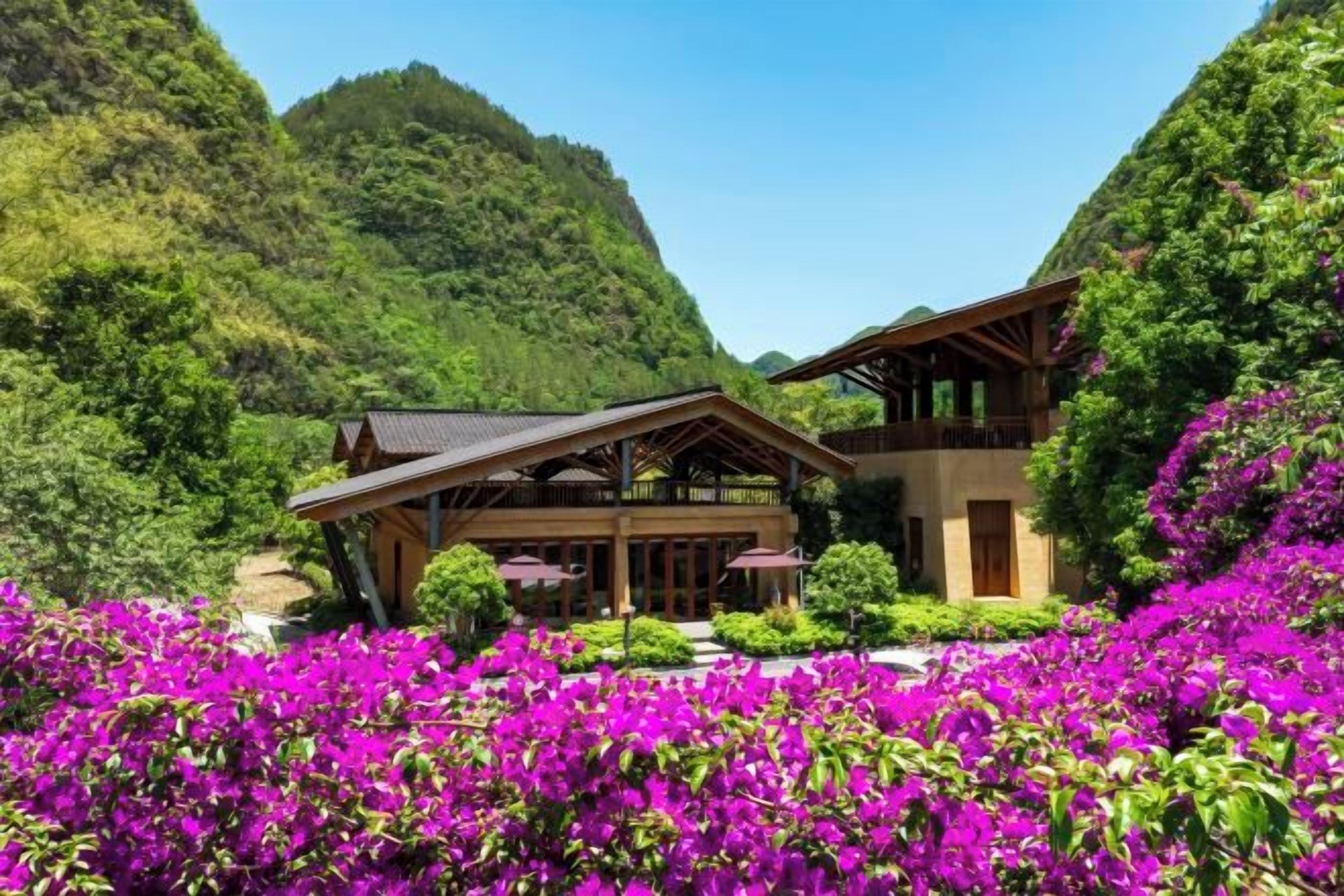 A traditional wooden building with a sloped roof, surrounded by lush greenery and vibrant purple flowers.