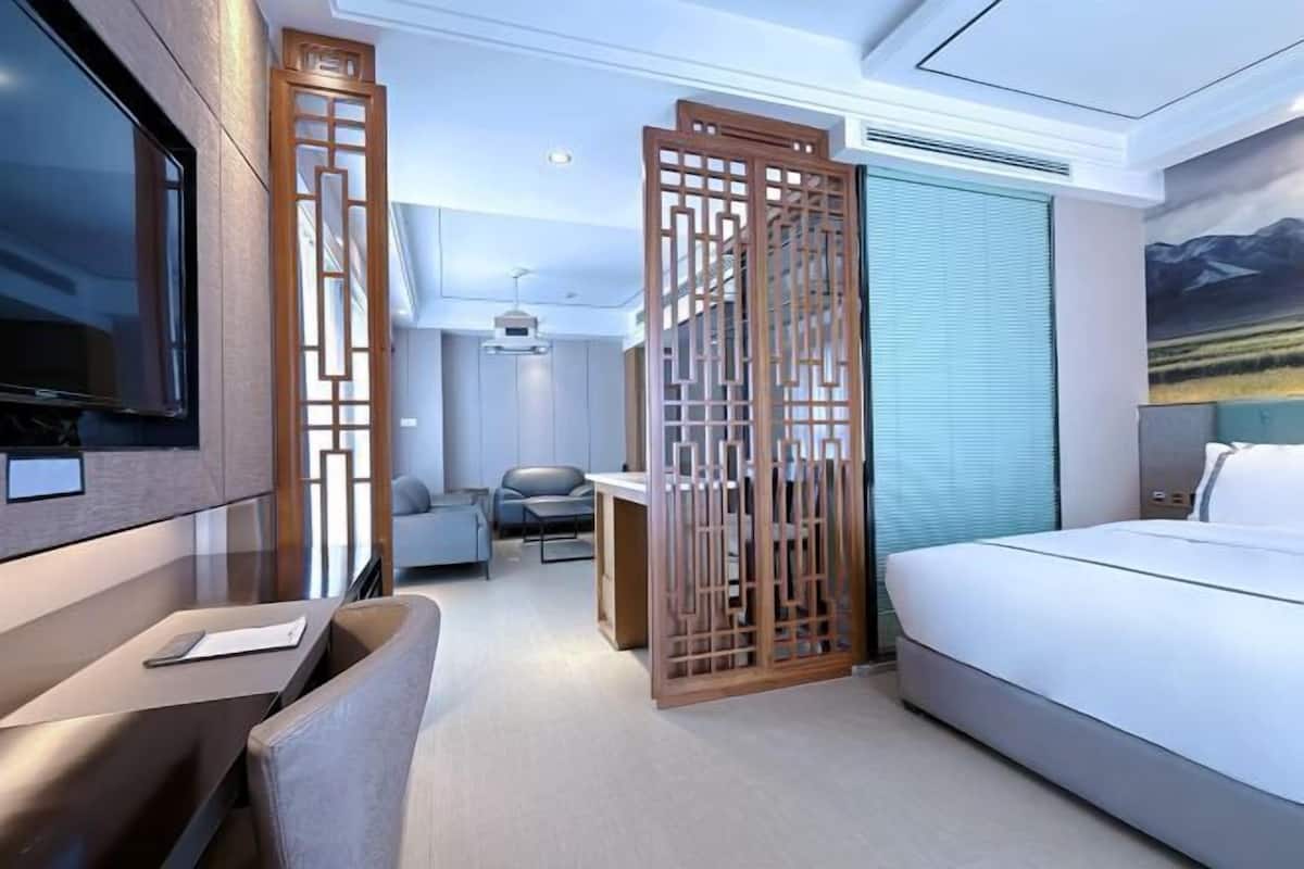 A modern hotel room with a bed, a desk, a chair, a TV, and a decorative wooden partition.
