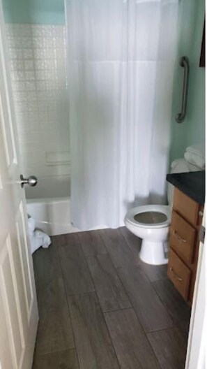 Hair dryer, towels, soap