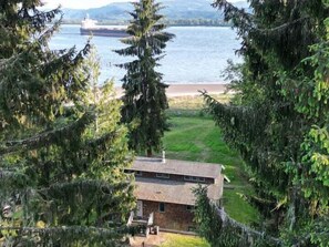 A two-story house with a sloped roof, surrounded by dense evergreen trees, overlooking a calm lake with a distant ship.