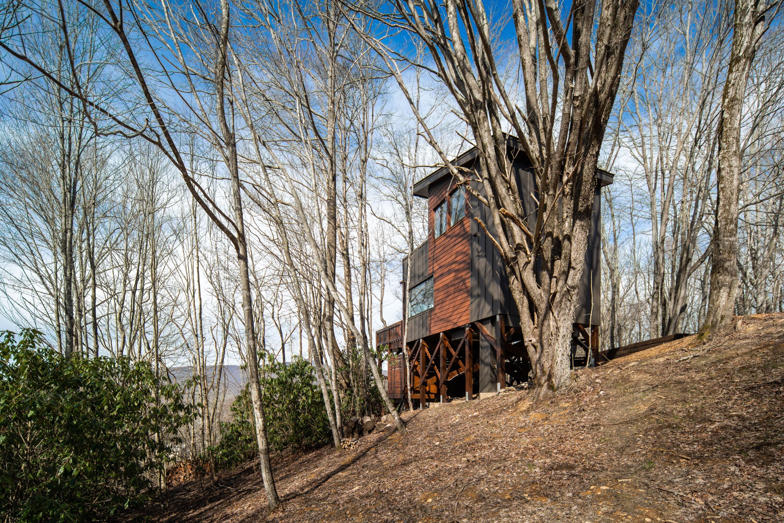 Une cabane moderne, avec une façade en bois, située sur une colline et entourée d’arbres.