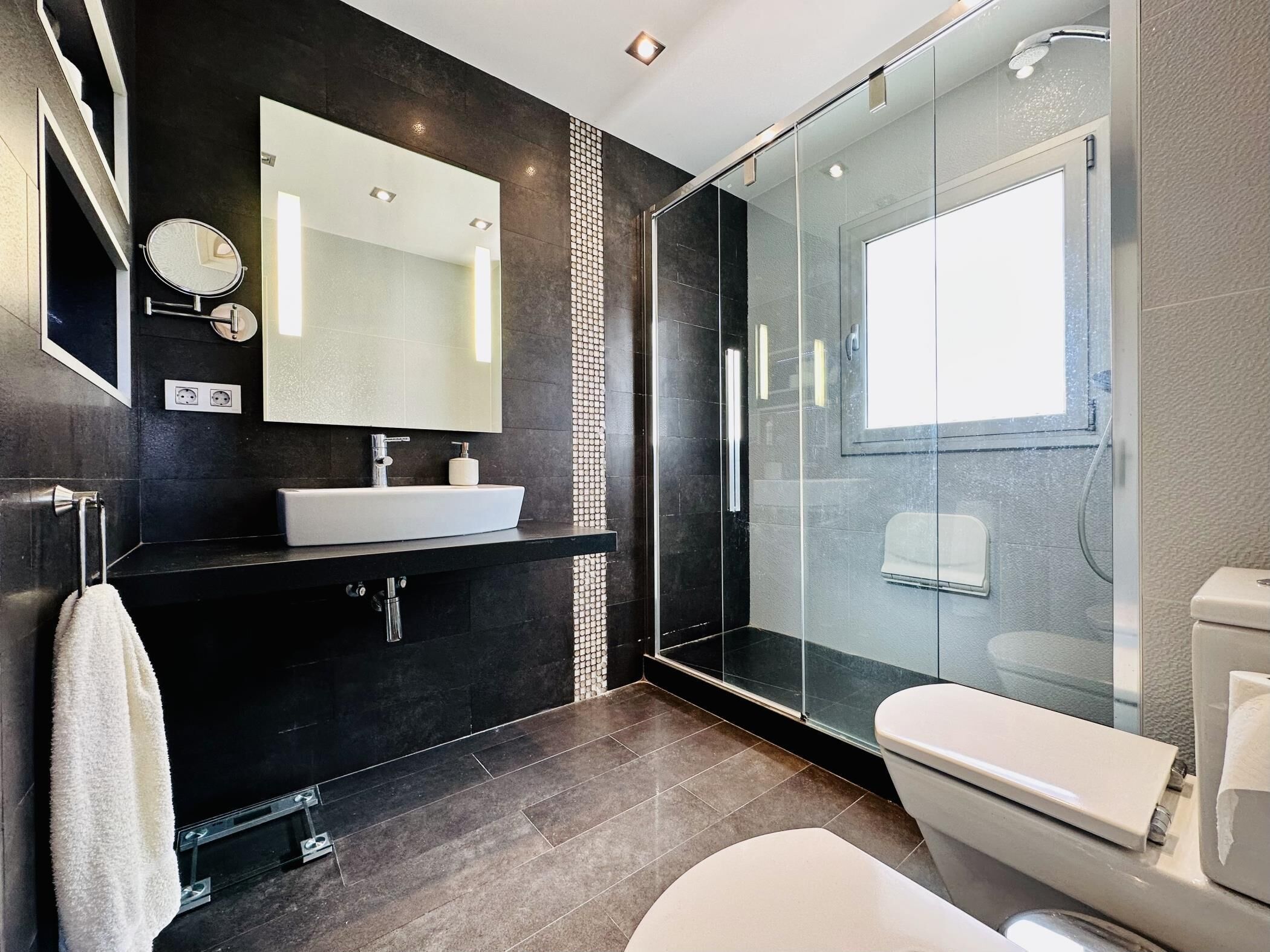Shower, hair dryer, towels