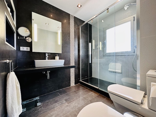 Shower, hair dryer, towels