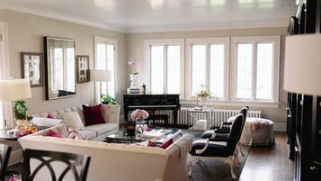 Smart TV, chimenea, libros