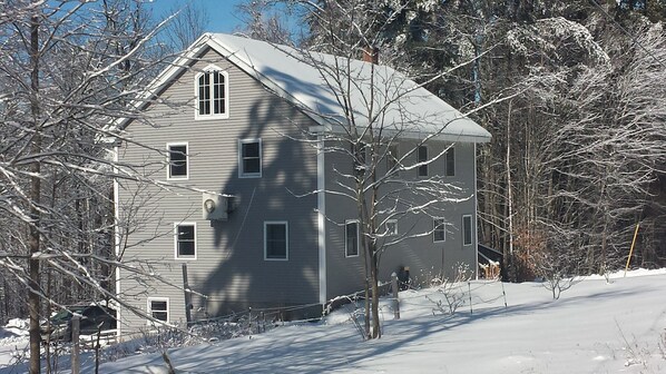 Uma casa de dois andares com telhado triangular, cercada por árvores cobertas de neve e um céu claro.