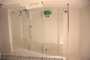 Een douchecabine met glazen wanden, een handdouche en een fles shampoo.