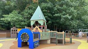 A playground with a blue tunnel, a green-roofed playhouse, and a wooden fence. - Peaceful Condo (Grand Haven)