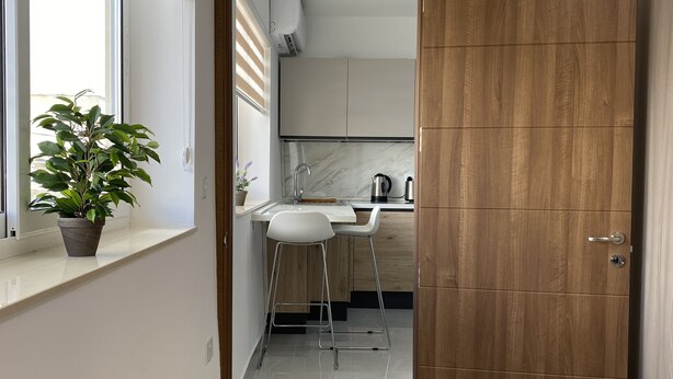 Uma cozinha moderna com bancada de mármore, chaleira e planta em vaso.