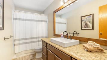 Une salle de bain avec un lavabo blanc, un meuble-lavabo en bois et un grand miroir.