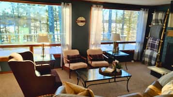 Smart TV, fireplace, books