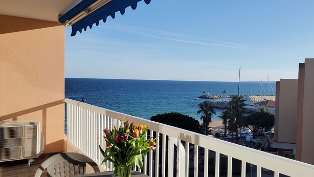 A balcony with a view of the sea, a white railing, and a vase of tulips. - Fréjus-Plage, Sea view, T2, 38m2, 4 people, refurbished, air conditioning, magnificent (Fréjus)