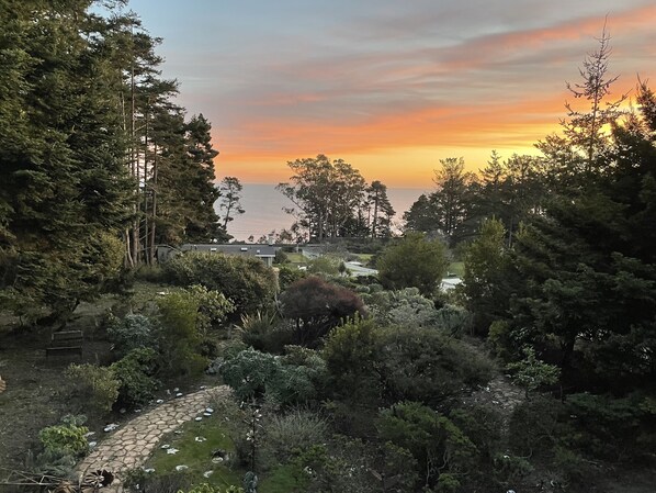 A garden with a stone pathway, dense trees, and a view of the sea at sunset.