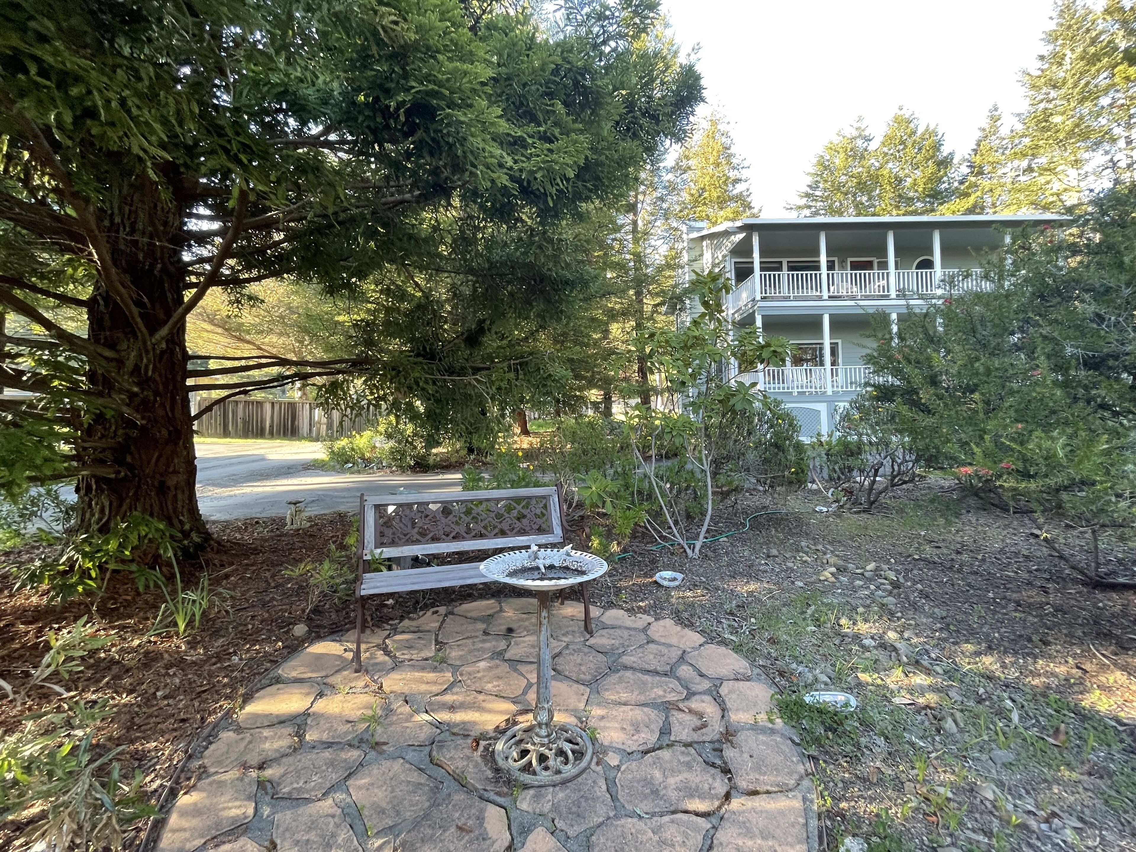 A stone patio with a bench and a birdbath, surrounded by trees and a building with a balcony.