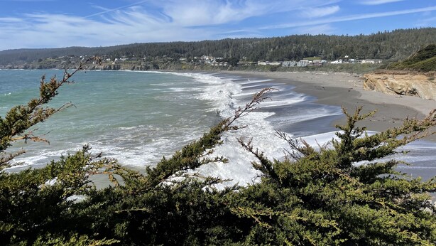 Un paysage côtier avec une plage, des vagues de l’océan et une colline boisée.