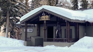 A wooden cabin with a sign reading "BIG BEAR" and a covered porch.