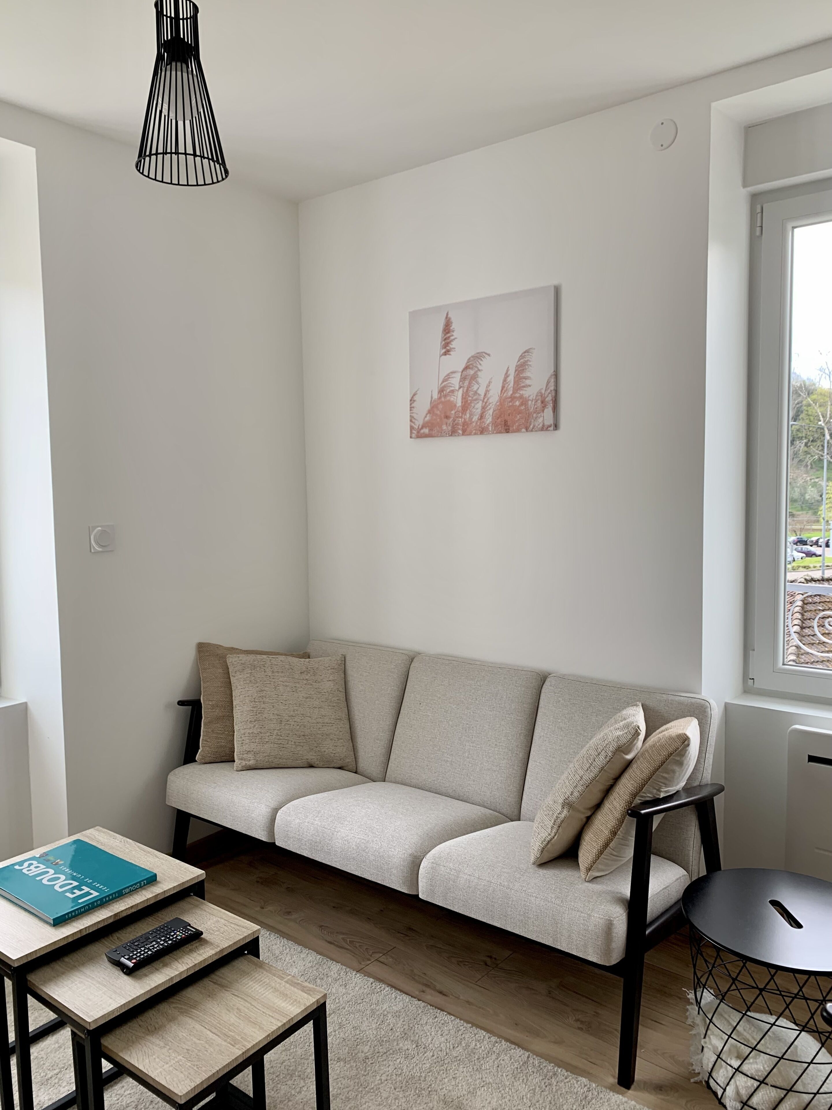 A modern living room with a sofa, a small table, a remote control, and a picture on the wall.