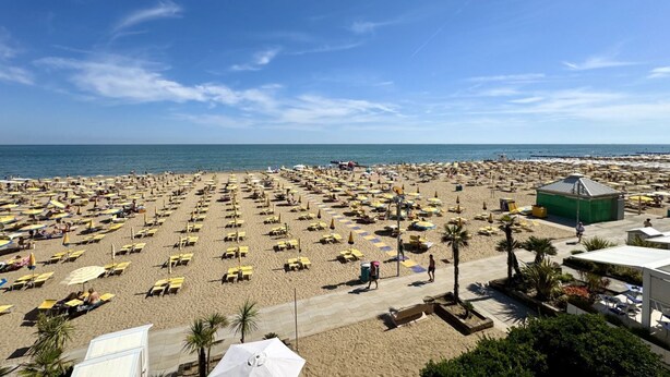 A beach with numerous sun loungers and umbrellas, a clear sky, and a calm sea.