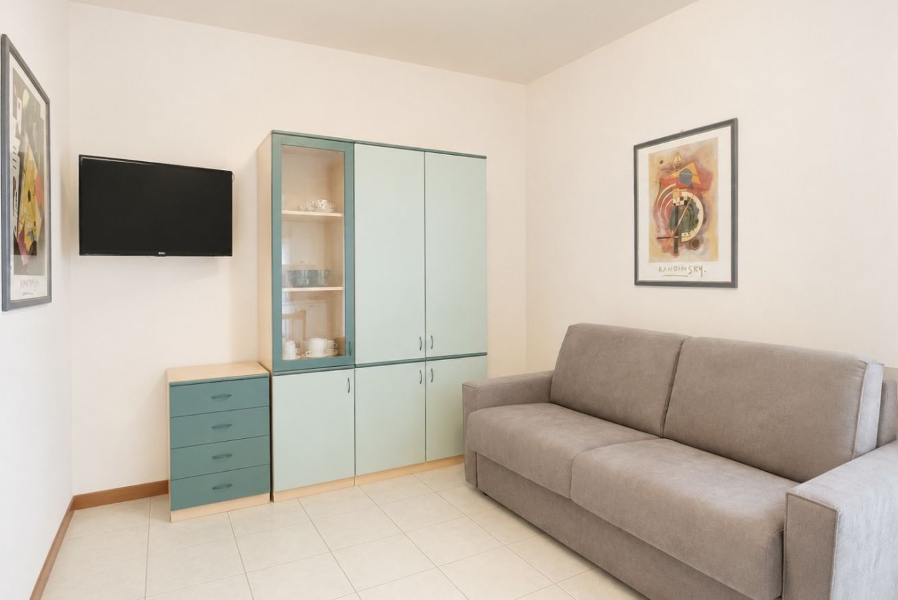 A living room with a grey sofa, teal cabinets, a flat-screen TV, and a framed picture on the wall.