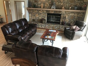 Smart TV, fireplace, books