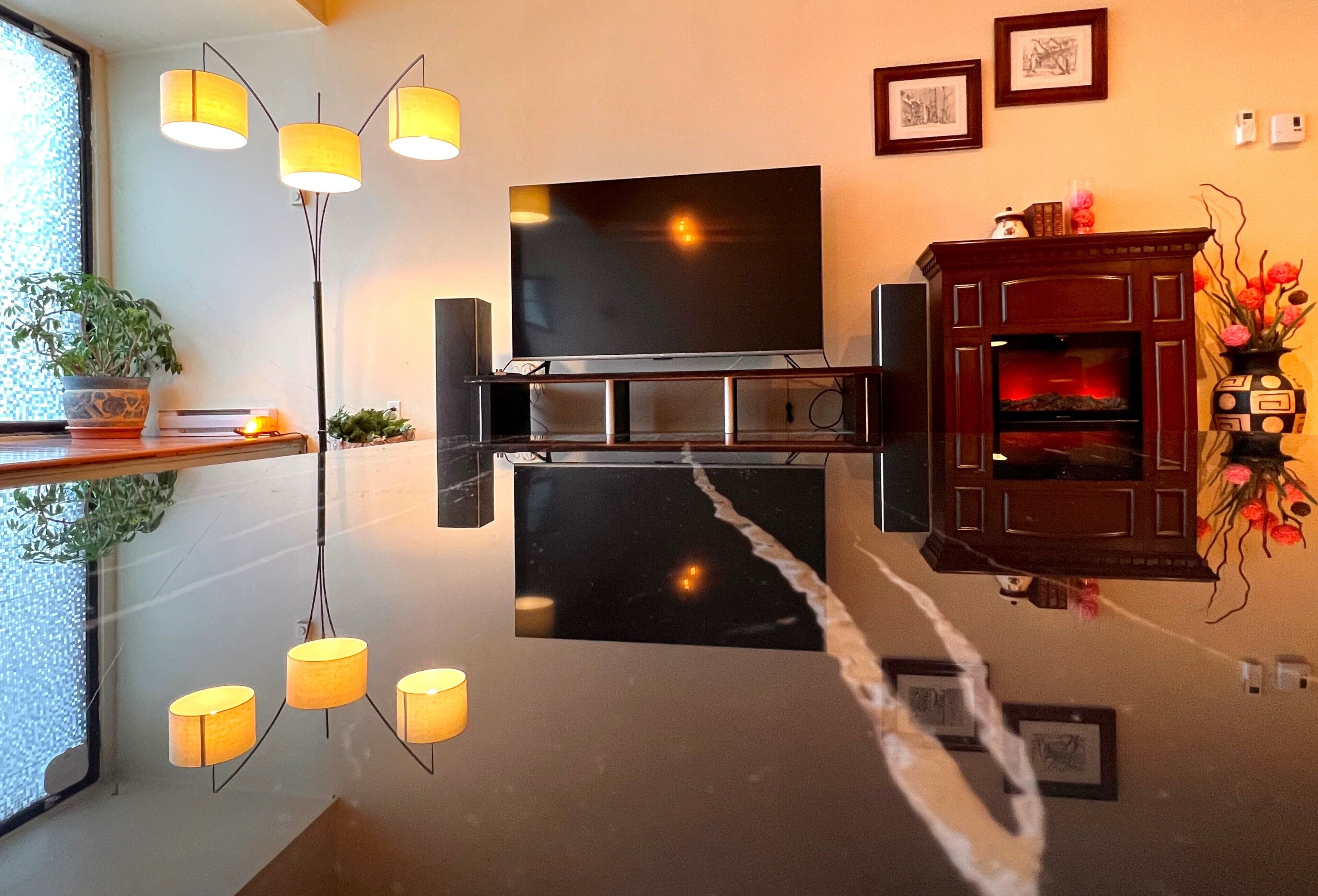 Una sala de estar moderna con un televisor de pantalla plana, una chimenea y un jarrón decorativo.