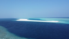 An aerial view of a large, crescent-shaped white sandbar surrounded by clear blue waters. - Maamadi Boutique (Maafushi)