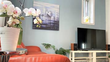 Smart-TV, bøker og stereoanlegg
