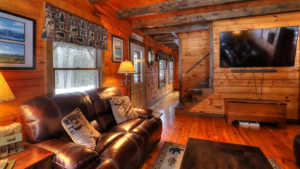 En mysig stuga med en soffa klädd i läder, träväggar, en tv och inramade tavlor.