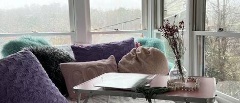 Smart TV, fireplace, books, printers