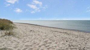 En sandstrand med sanddyner och ett lugnt hav under en klar himmel.