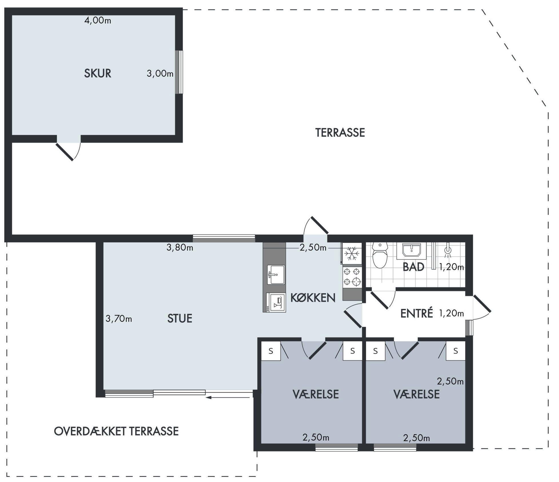 A floor plan with a bedroom labeled 'SKUR' measuring 4,00m by 3,00m, a bathroom 'BAD' measuring 1,20m by 1,20m, a kitchen 'KØKKEN' measuring 2,50m by 2,50m, and two 'VÆRELSE' rooms each measuring 2,50m by 2,50m.