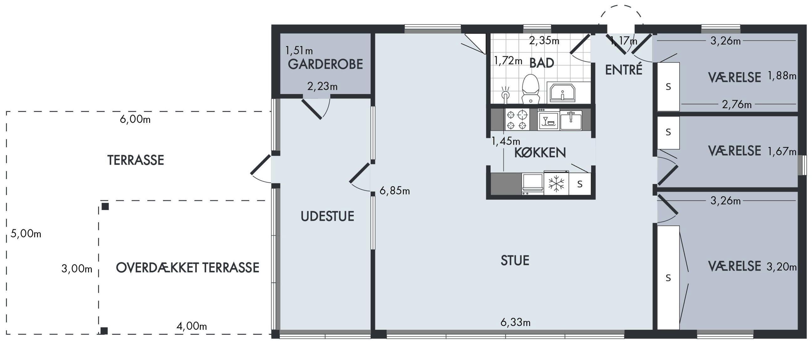 Ein Grundriss mit Terrasse, Garten, Arbeitszimmer und Arbeitsbereich.