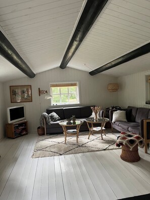 A cozy attic living room with a sloped ceiling, a large window, a sofa, a TV, and a fireplace.